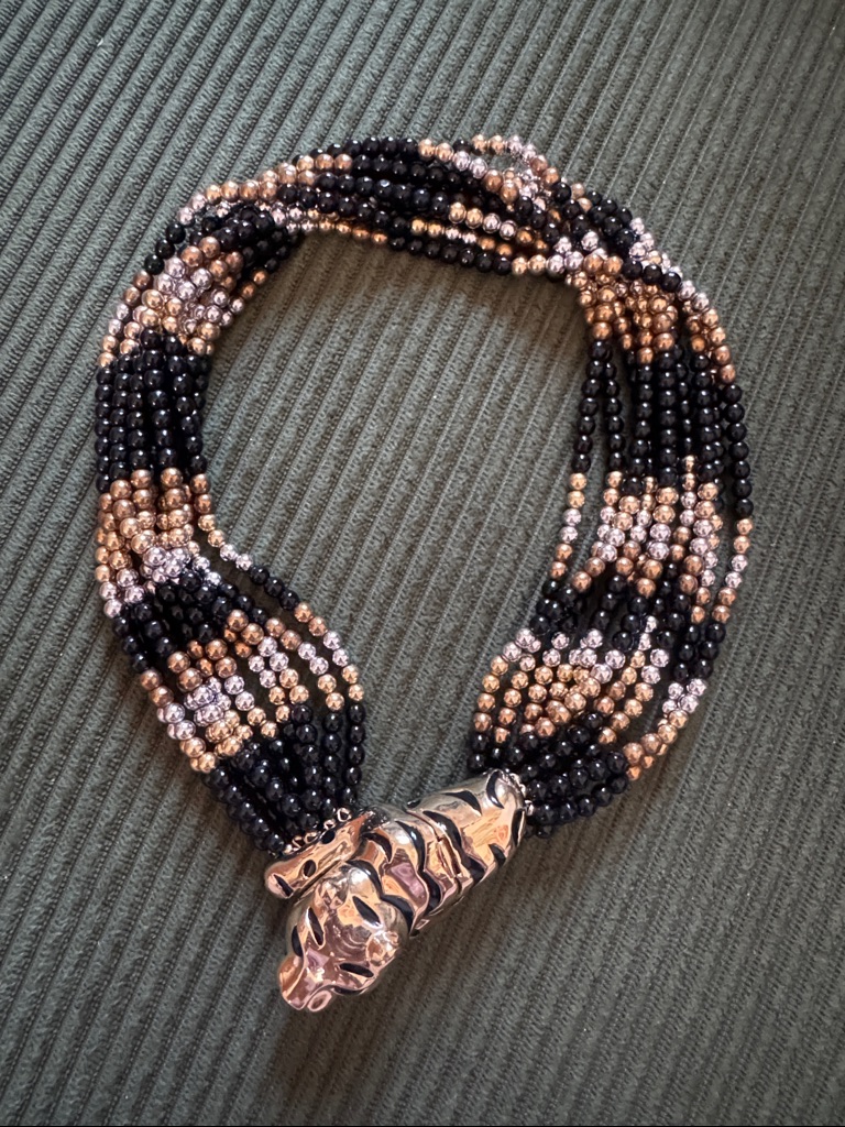 Vintage Ciner Multi-Strand Black & Rose Gold Beaded Necklace With Animal Figure